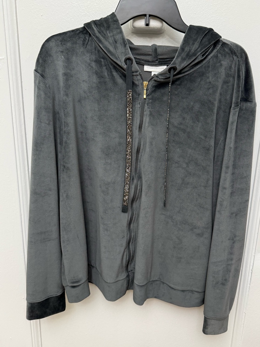 Charter Club Hooded Velour Zip Jacket Charcoal Gray Size XXL
